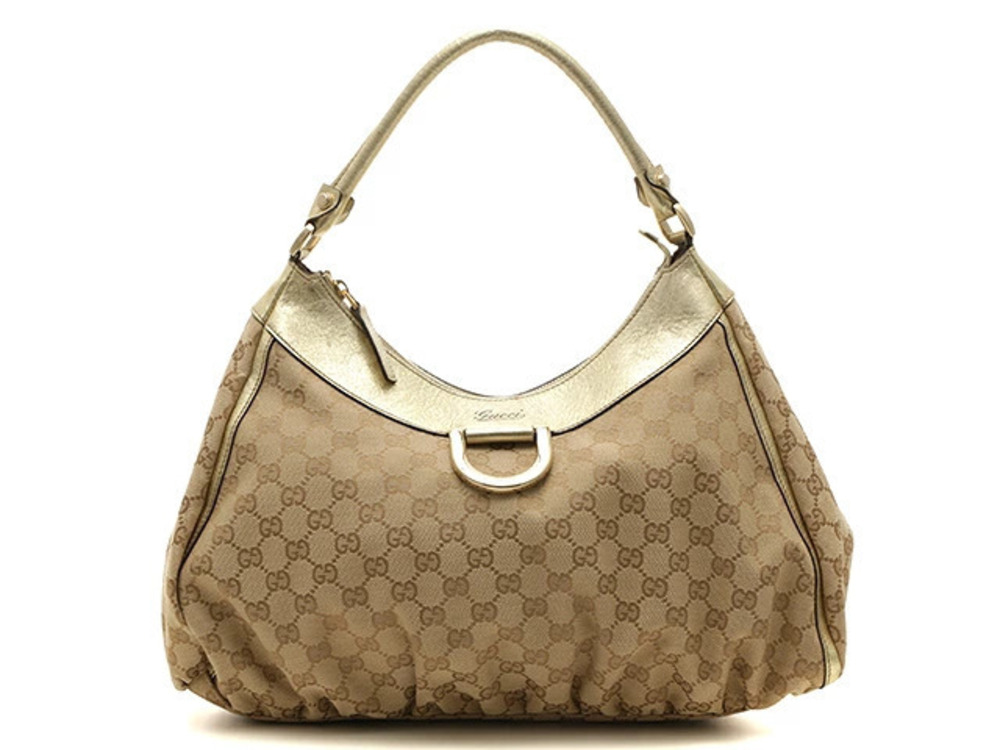 Gucci Hobo GG Shoulder Bag Beige Cream Gold Canvas Leather